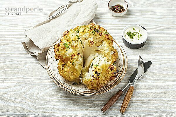 Ganze gebratene Blumenkohlkopf mit Olivenöl auf Teller auf weißem Holz rustikalen Tisch oben Ansicht mit Besteck. Vegetarisches Gericht  Foodfotografie