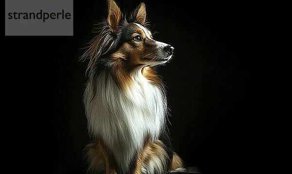 Ein Sheltie  der ruhig in einem Studio mit schwarzem Hintergrund sitzt  erzeugt AI  KI generiert