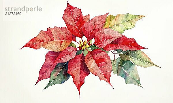 Eine Aquarellmalerei einer roten Weihnachtssternblume. Das Gemälde ist sehr detailliert und lebendig  mit den roten Blütenblättern und grünen Blättern einen schönen Kontrast zu schaffen. Die Stimmung des Gemäldes ist heiter KI erzeugt  KI generiert