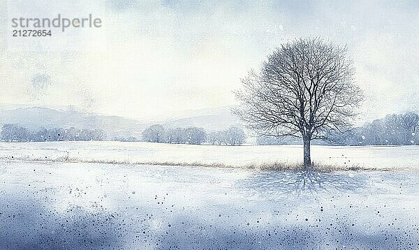 Ein Gemälde eines verschneiten Feldes mit einem einsamen Baum im Vordergrund. Die Stimmung des Gemäldes ist heiter und friedlich  wobei der Baum als Symbol des Lebens inmitten der kalten AI hervorsticht  KI generiert