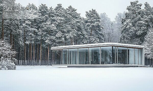 Ein großes Glasgebäude steht auf einem verschneiten Feld. Das Gebäude ist von Bäumen umgeben und er ist eine Hütte. Die schneebedeckte Landschaft schafft eine heitere und friedliche Atmosphäre AI erzeugt  KI generiert