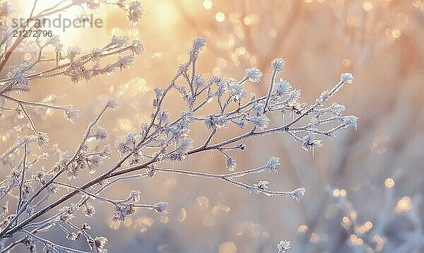 Ein mit Frost und Schnee bedeckter Zweig. Die Sonne scheint auf den Zweig und schafft eine schöne und heitere Atmosphäre AI erzeugt  KI generiert