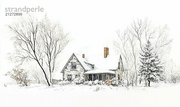 Ein Haus mit einem Schornstein steht auf einem verschneiten Feld. Das Haus ist alt und hat eine Veranda. Der Schnee bedeckt den Boden und die Bäume. Die Szene ist friedlich und heiter AI erzeugt  KI generiert