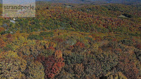 Luftaufnahme der wunderschönen Felsformationen in den Bergen von North Carolina  während sich die Blätter im ersten Teil des Herbstes zu verändern beginnen