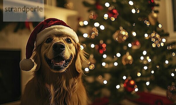 Ein Hund mit einer Weihnachtsmannmütze steht vor einem Weihnachtsbaum. Der Hund scheint glücklich und aufgeregt zu sein  da er für die Kamera posiert. Konzept der Wärme und Freude KI generiert