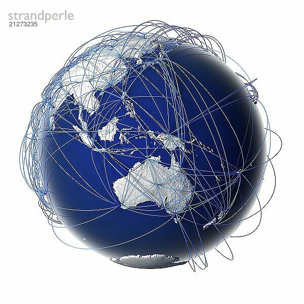 Erde mit stilisierten Kontinenten  umgeben von einem drahtgebundenen Netz  das den weltweiten Flugverkehr symbolisiert  der auf realen Daten über die Beförderung von Passagieren und Flugrichtungen beruht. vor weißem Hintergrund