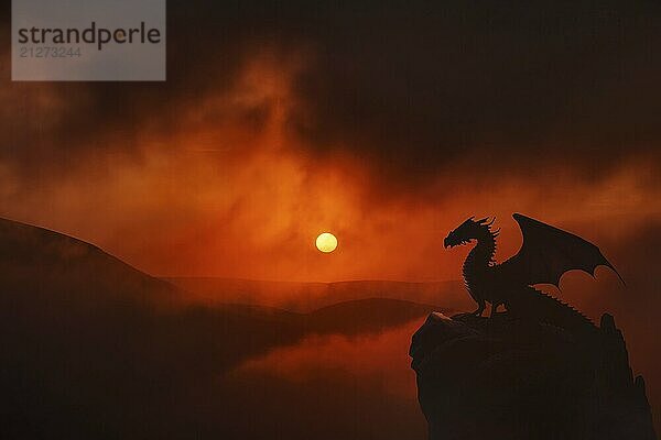 Berglandschaft mit Drachen geflügelte Silhouette sitzt auf dem Felsen. Dramatischer Sonnenuntergang in Wolken Hintergrund