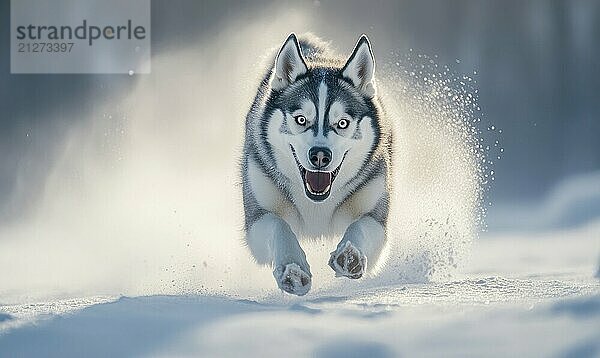 Ein Hund läuft mit herausgestreckter Zunge durch den Schnee. Der Hund scheint glücklich zu sein und genießt das kalte Wetter  das AI erzeugt hat  KI generiert