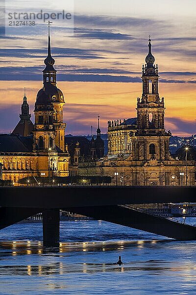 Die historische Altstadt von Dresden an der Elbe vmit Ständehaus  Residenzschloss und Hofkirche. hinter der eingetürzten Carolabrücke.  Dresden Silhouette am Abend  Dresden  Sachsen  Deutschland  Europa