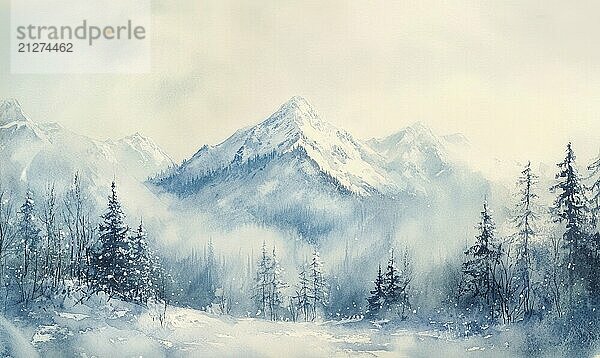 Ein Gemälde von einer verschneiten Bergkette mit Bäumen im Vordergrund. Die Stimmung des Gemäldes ist heiter und friedlich  mit den schneebedeckten Bergen und Bäumen  die ein Gefühl der Ruhe KI erzeugt  KI generiert