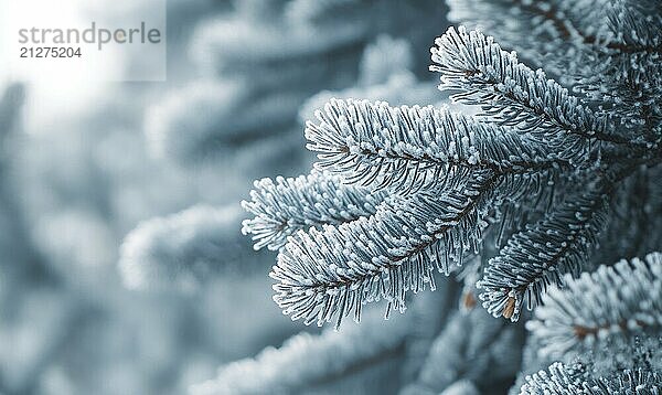 Nahaufnahme von verschneiten Fichtennadeln  heiterer Wintermorgen AI erzeugt  KI generiert