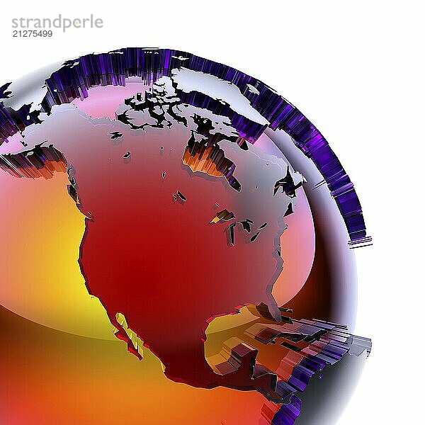 Fragment einer Glaskugel mit einem markanten stilisierten Kontinenten aus Buntglas mit Facettenschliff  die von innen mit warmem hellem Licht leuchtet. Auf weißem Hintergrund
