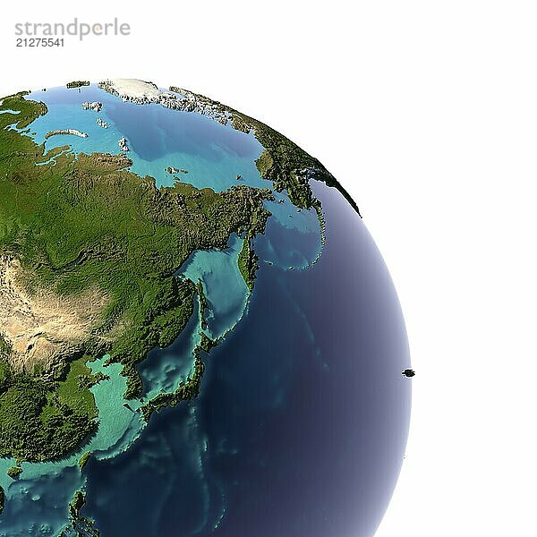 Erde mit durchscheinendem Wasser in den Ozeanen und der detaillierten Topografie der Kontinente. Ein Fragment des Fernen Ostens. vor weißem Hintergrund