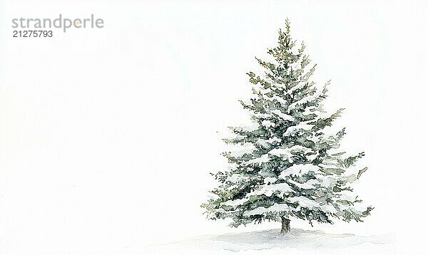 Ein Weihnachtsbaum ist auf einem weißen Hintergrund gemalt. Der Baum ist von Schnee umgeben  so daß es eine winterliche und festliche Atmosphäre. Das Gemälde fängt die Essenz der Weihnachtszeit AI erzeugt  KI generiert