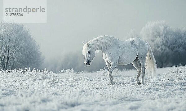 Ein weißes Pferd steht auf einem verschneiten Feld. Das Bild hat eine heitere und friedliche Stimmung  da das Pferd allein in der weiten  weißen Landschaft steht  die AI erzeugt  KI generiert