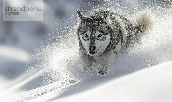 Ein grauer und weißer Hund läuft durch den Schnee. Der Hund schaut in die Kamera und ist glücklich AI erzeugt  KI generiert