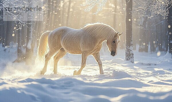 Ein Pferd läuft durch den Schnee in einem Wald. Der Schnee fällt und die Sonne scheint  was eine friedliche und heitere Atmosphäre schafft KI erzeugt  KI generiert