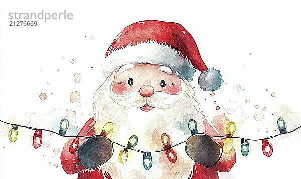 Eine Aquarellmalerei von Santa hält eine Kette von Weihnachtsbeleuchtung. Das Gemälde hat eine festliche und fröhliche Stimmung  mit den hellen Farben der Lichter und die rote Mütze von Santa KI erzeugt  KI generiert