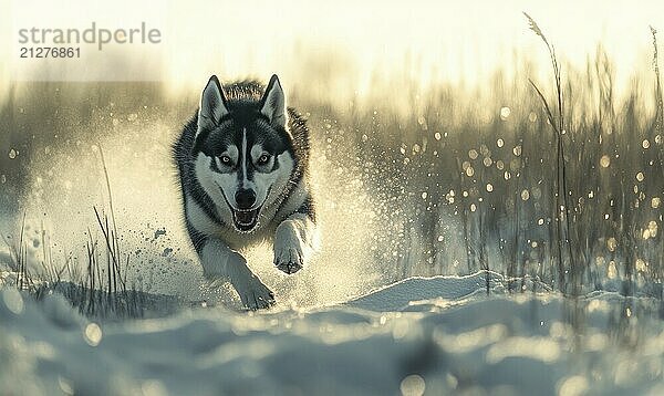 Ein Hund rennt mit herausgestreckter Zunge durch den Schnee. Der Hund scheint sich zu amüsieren und ist voller Energie AI erzeugt  KI generiert