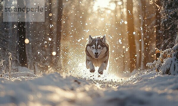 Ein Hund rennt durch den Schnee in einem Wald. Der Hund ist weiß und schwarz  und es ist mit seiner Zunge heraus laufen. Die Szene ist friedlich und heiter  mit dem Schnee  der den Boden bedeckt AI erzeugt  KI generiert