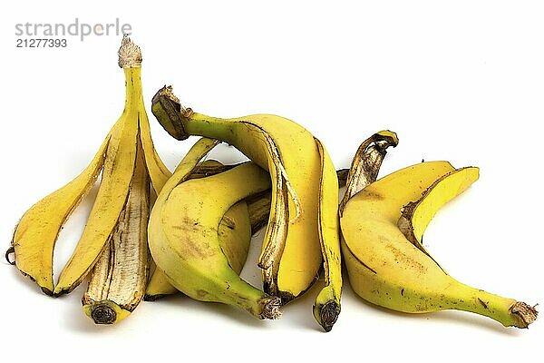 Viele Bananenschalen vor weißem Hintergrund. Haufen von organischen Abfällen von Bananen