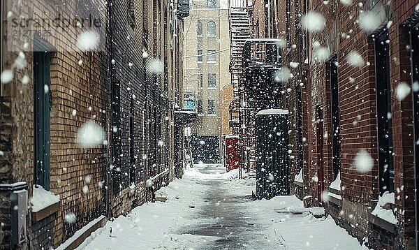 Eine schneebedeckte Gasse mit einer roten Kiste auf dem Boden AI erzeugt  KI generiert