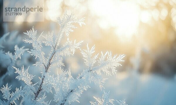 Ein mit Frost und Schnee bedeckter Zweig. Die Sonne scheint darauf und schafft eine schöne und heitere Atmosphäre AI erzeugt  KI generiert