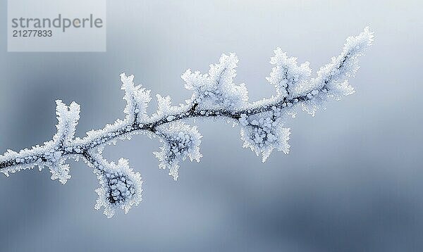 Ein mit Frost und Schnee bedeckter Zweig. Der Zweig ist lang und dünn  und der Schnee bedeckt ihn auf eine Weise  die ihn wie in der Zeit eingefroren aussehen lässt. Das Bild hat eine heitere und friedliche Stimmung AI erzeugt  KI generiert