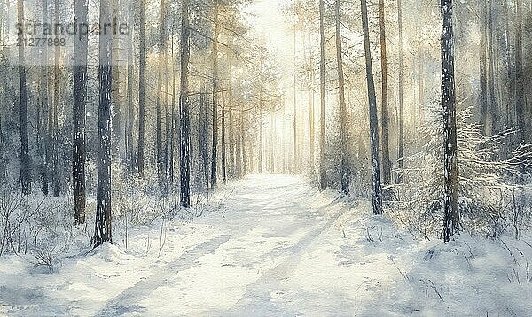 Ein Gemälde von einem verschneiten Wald mit einem Weg durch sie. Das Gemälde ist in Aquarell und hat eine heitere und friedliche Stimmung KI erzeugt  KI generiert