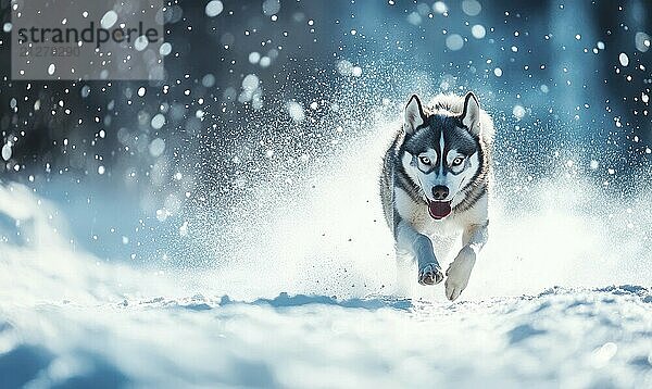 Ein Hund läuft mit herausgestreckter Zunge durch den Schnee. Konzept der Verspieltheit und Freude  wie der Hund genießt das Winterwetter AI erzeugt  KI generiert