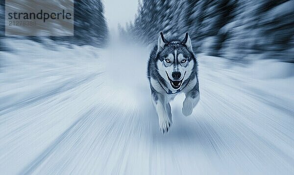 Ein Hund läuft auf einer verschneiten Straße Der Hund ist weiß und schwarz und hat ein blaues Halsband. Der Hund läuft schnell und er genießt sich selbst AI erzeugt  KI generiert