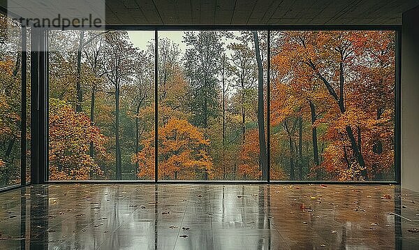 Minimalistisches Zimmer mit Panoramafenster und Blick auf eine verregnete Herbstlandschaft außerhalb von AI erzeugt  KI generiert