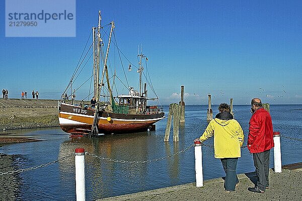 Fischerboot  Neuharlingersiel  bestaunt von 2 Touristen  Ostfriesland  Niedersachsen  Bundesrepublik Deutschland