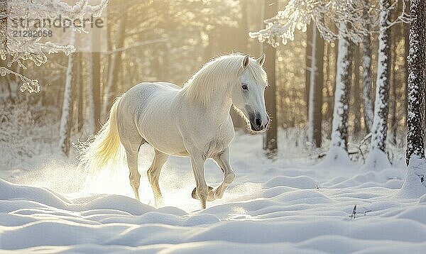 Ein weißes Pferd läuft durch den Schnee in einem Wald. Konzept der Freiheit und Freude  wie das Pferd galoppiert durch die Winterlandschaft KI erzeugt  KI generiert