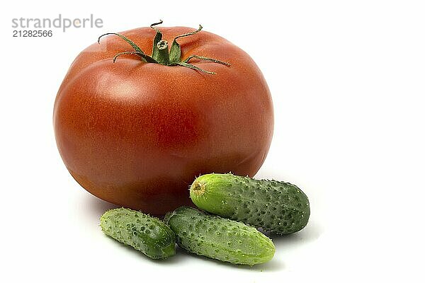 Frische Gurken und große rote Tomate vor weißem Hintergrund