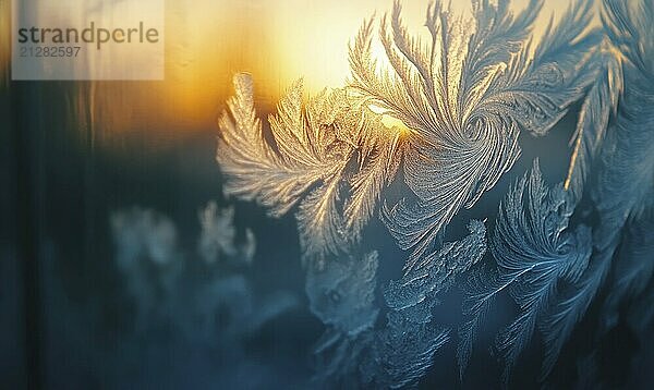 Eine Nahaufnahme von einem frostigen Fenster mit einem schönen blauen Himmel im Hintergrund. Der Frost auf dem Fenster schafft eine heitere und friedliche Atmosphäre  als ob das Fenster ein Portal zu einem Winterwunderland AI erzeugt  KI generiert