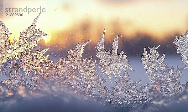 Eine schöne Schneelandschaft mit frostigen Zweigen und einer hellen orangefarbenen Sonne im Hintergrund. Die frostigen Zweige sind mit einer Eisschicht bedeckt  was der Szene eine ruhige und friedliche Atmosphäre verleiht. AI erzeugt  KI generiert