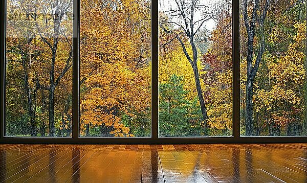 Minimalistischer Raum  Panoramafenster  Herbstbäume draußen AI generiert  KI generiert