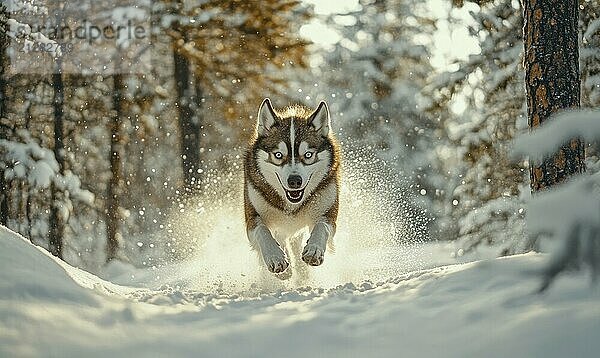 Ein Hund läuft mit herausgestreckter Zunge durch den Schnee. Der Hund ist weiß und braun AI erzeugt  KI generiert