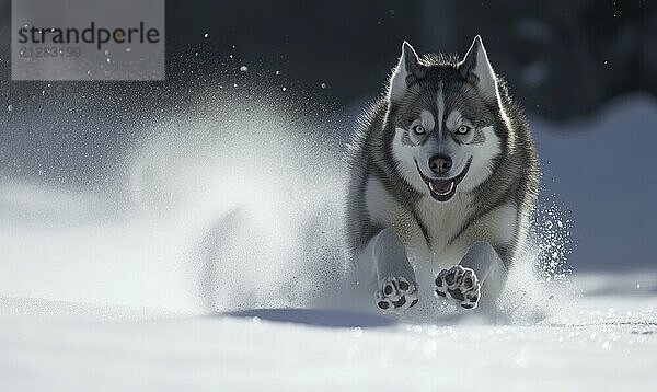 Ein Hund läuft mit seinen Pfoten in der Luft durch den Schnee. Der Hund scheint glücklich und energiegeladen zu sein  AI erzeugt  KI generiert