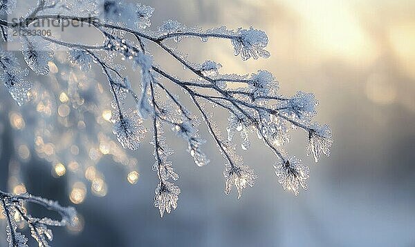 Ein mit Frost und Schnee bedeckter Zweig. Der Zweig ist mit Eis und Schnee bedeckt  und die Sonne scheint auf ihn. Das Bild hat eine heitere und friedliche Stimmung  da der frostige Zweig in Sonnenlicht gebadet ist AI erzeugt  KI generiert