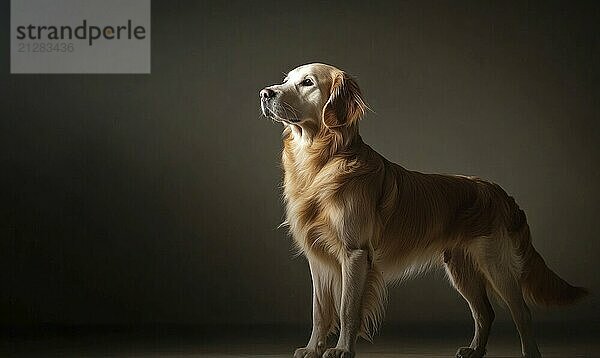 Ein großer Golden Retriever steht vor einem dunklen Hintergrund. Der Hund scheint in die Kamera zu schauen und möglicherweise darauf zu warten  daß sein Besitzer KI erzeugt  KI generiert