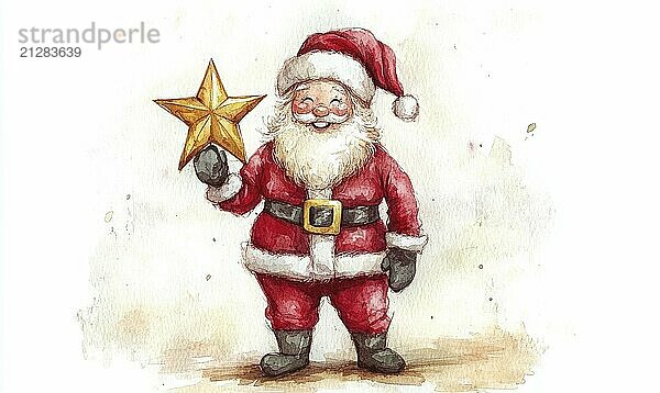 Eine cartoonish Zeichnung von Santa Claus hält einen goldenen Stern. Das Bild hat eine festliche und fröhliche Stimmung  wie es ist eine Darstellung der Ferienzeit KI erzeugt  KI generiert