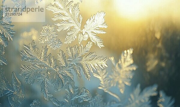 Eine Nahaufnahme einer Schneeflocke mit einer Sonne im Hintergrund. Die Sonne scheint durch die Schneeflocke  wodurch eine schöne und heitere Szene AI erzeugt  KI generiert