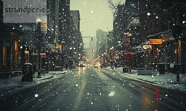 Eine verschneite Stadtstraße mit ein paar Autos und ein paar Fußgängern Die Straße ist nass und rutschig  und der Schnee fällt vom Himmel. Szene ist ruhig und friedlich  wie der Schnee schafft eine heitere Atmosphäre AI erzeugt  KI generiert