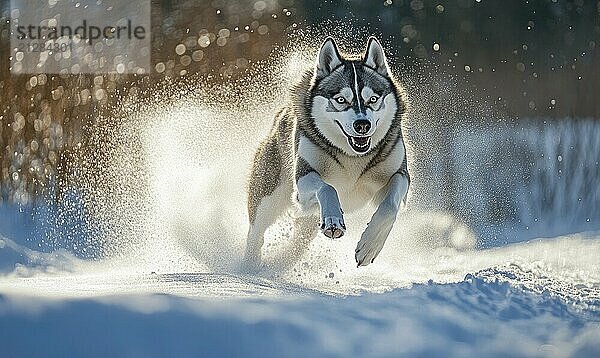 Ein Hund läuft mit herausgestreckter Zunge durch den Schnee. Der Hund ist weiß und braun und er genießt sich selbst AI erzeugt  KI generiert