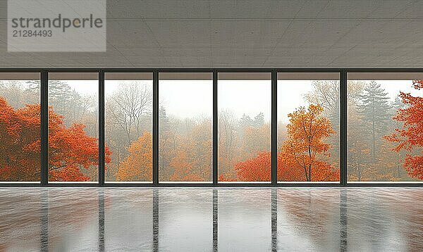 Minimalistisches Zimmer mit Panoramafenster und Blick auf eine verregnete Herbstlandschaft außerhalb von AI erzeugt  KI generiert