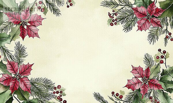 Ein weißer Hintergrund mit einem roten und grünen Weihnachtsgesteck. Die roten Blumen sind Weihnachtssterne und die grünen Blätter sind Tannennadeln. Das Arrangement ist in der Mitte des Hintergrunds platziert KI erzeugt  KI generiert