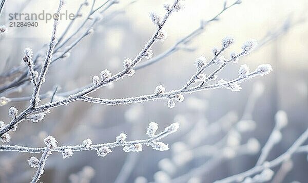 Ein mit Frost und Schnee bedeckter Zweig. Der Zweig ist kahl und hat keine Blätter. Das Bild hat eine heitere und friedliche Stimmung  da der schneebedeckte Zweig wie eine friedliche Winterszene aussieht  die AI erzeugt  KI generiert