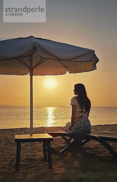 Charmante Frau sitzt auf einer Liege am Strand und beobachtet den Sonnenaufgang und nimmt ein Morgensonnenbad mit Blick auf das Meer. Schöne Szene am Meer  Sommerurlaub Entspannung und Urlaub genießen